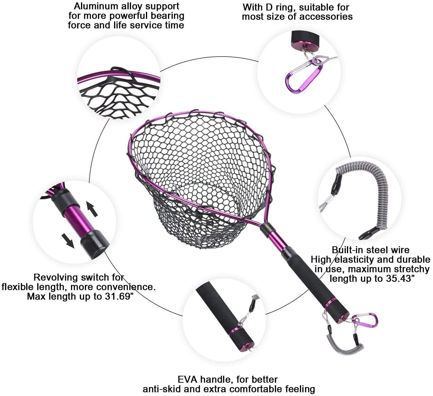 GOTURE Aluminum Alloy Magnetic Clip Soft Rubber Mesh Fly Fishing Landing Net GOTURE Aluminum Alloy Magnetic Clip Soft Rubber Mesh Fly Fishing Landing Net