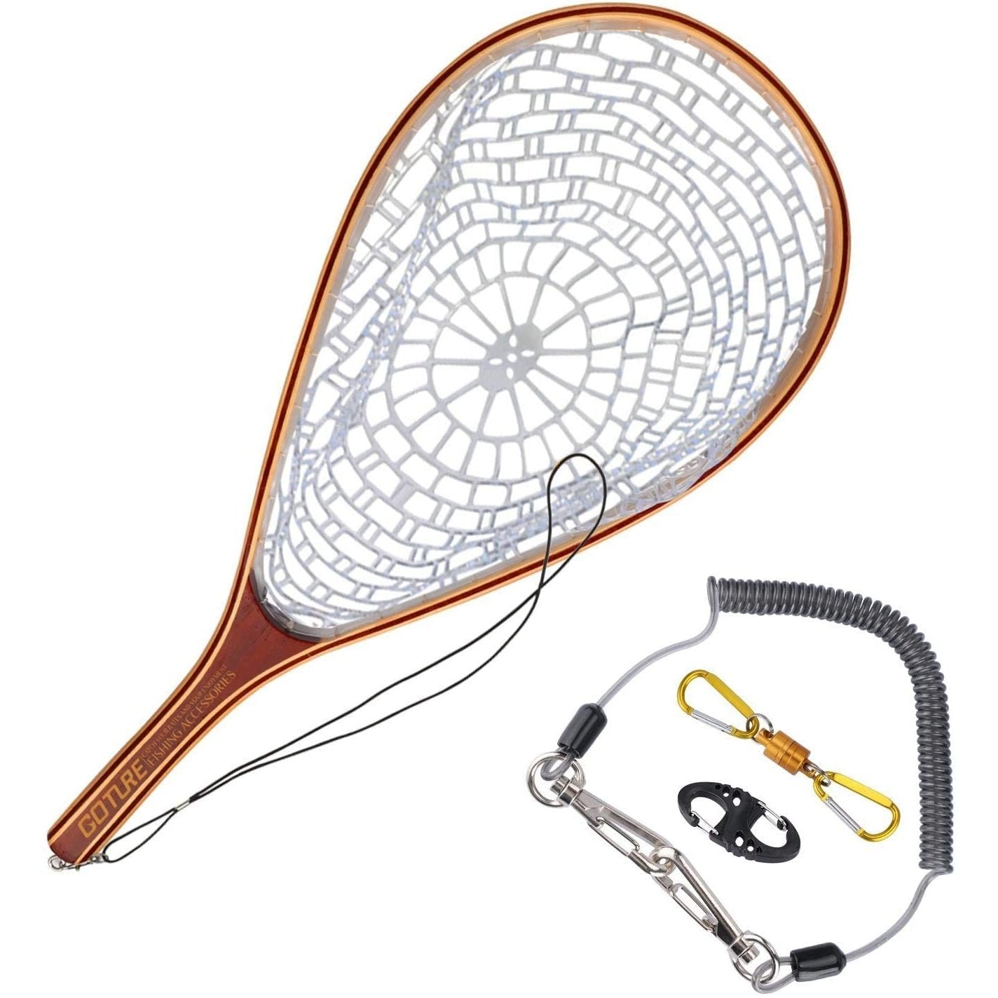 Goture Soft Rubber Mesh Wooden Frame Fly Fishing Landing Trout Net Success  - Clear Net with Yellow Magnetic Buckles /Tear Drop