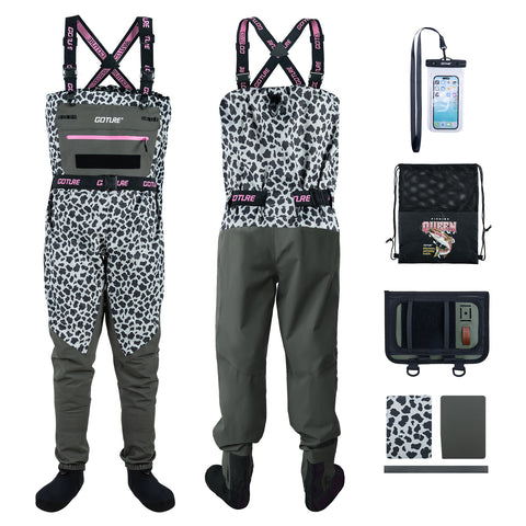 Goture 5-Layer Leopard Breathable Chest Womens Waders & Tool Kit XS-XXL | 4mm Neoprene Stocking Foot Waders with Handwarmer, Adjustable Belt, Waterproof Phone Pouch, Multi-Pocket Women's Wader