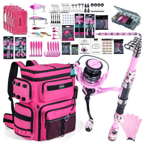 Goture Pink Fishing Rod and Reel Combos with 77L Cooler Backpack,6FT-9FT | Telescopic Fishing Pole, Spinning Reel,4 3600 Trays,Pliers,Full Kit for Freshwater Saltwater, Tackle Backpack & 3 Rod Holders