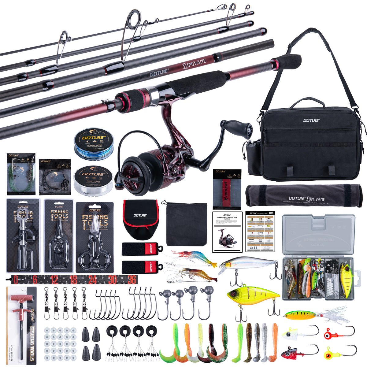 Goture Fishing Rod & Reel Combo-6 Piece Fishing Rod Set,Travel Fish Rod | Ultralight Spinning Rod Set w/Fishing Reel, Fishing Tackle Bag, Braided Line, Lures & Hooks Kit