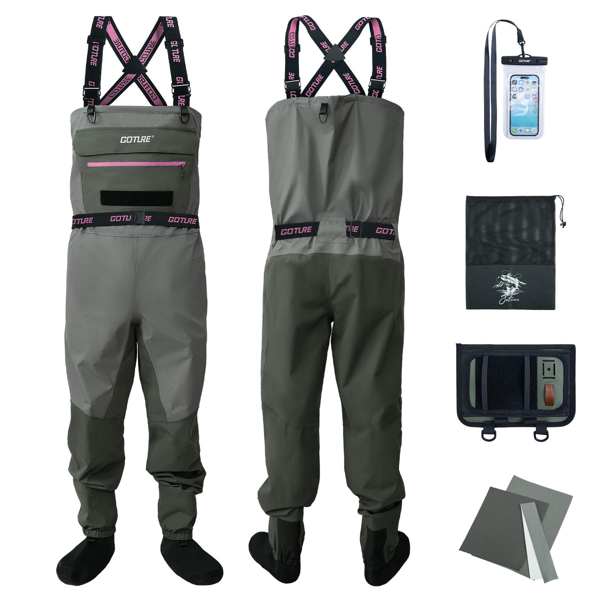 Goture 5-Layer Pink Breathable Chest Womens Waders & Tool Kit XS-XXL | 4mm Neoprene Stocking Foot Waders with Handwarmer, Adjustable Belt, Waterproof Phone Pouch, Multi-Pocket Women's Wader