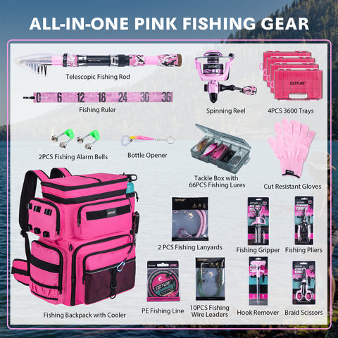 Goture Pink Fishing Rod and Reel Combos with 77L Cooler Backpack,6FT-9FT | Telescopic Fishing Pole, Spinning Reel,4 3600 Trays,Pliers,Full Kit for Freshwater Saltwater, Tackle Backpack & 3 Rod Holders
