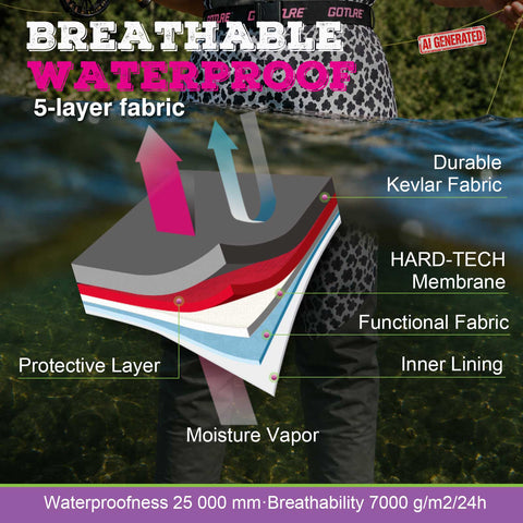 Goture 5-Layer Leopard Breathable Chest Womens Waders & Tool Kit XS-XXL | 4mm Neoprene Stocking Foot Waders with Handwarmer, Adjustable Belt, Waterproof Phone Pouch, Multi-Pocket Women's Wader