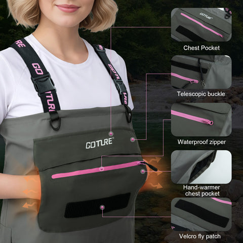 Goture 5-Layer Pink Breathable Chest Womens Waders & Tool Kit XS-XXL | 4mm Neoprene Stocking Foot Waders with Handwarmer, Adjustable Belt, Waterproof Phone Pouch, Multi-Pocket Women's Wader