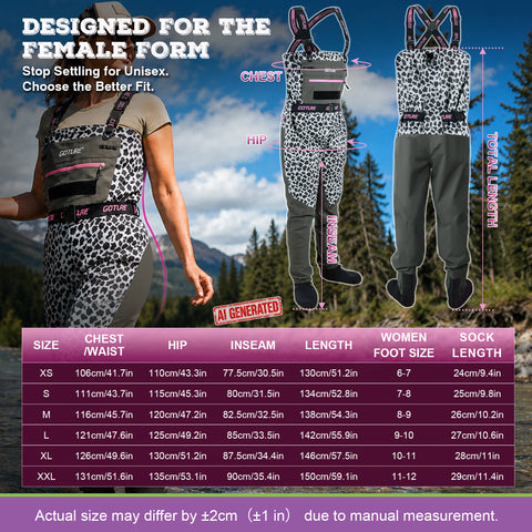 Goture 5-Layer Leopard Breathable Chest Womens Waders & Tool Kit XS-XXL | 4mm Neoprene Stocking Foot Waders with Handwarmer, Adjustable Belt, Waterproof Phone Pouch, Multi-Pocket Women's Wader