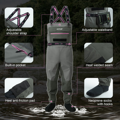 Goture 5-Layer Pink Breathable Chest Womens Waders & Tool Kit XS-XXL | 4mm Neoprene Stocking Foot Waders with Handwarmer, Adjustable Belt, Waterproof Phone Pouch, Multi-Pocket Women's Wader