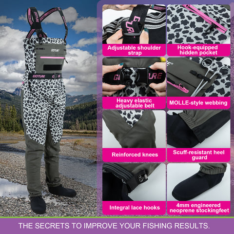 Goture 5-Layer Leopard Breathable Chest Womens Waders & Tool Kit XS-XXL | 4mm Neoprene Stocking Foot Waders with Handwarmer, Adjustable Belt, Waterproof Phone Pouch, Multi-Pocket Women's Wader