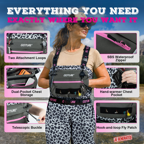 Goture 5-Layer Leopard Breathable Chest Womens Waders & Tool Kit XS-XXL | 4mm Neoprene Stocking Foot Waders with Handwarmer, Adjustable Belt, Waterproof Phone Pouch, Multi-Pocket Women's Wader