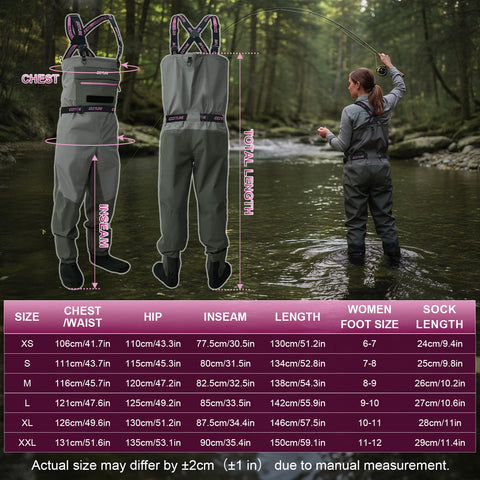 Goture 5-Layer Pink Breathable Chest Womens Waders & Tool Kit XS-XXL | 4mm Neoprene Stocking Foot Waders with Handwarmer, Adjustable Belt, Waterproof Phone Pouch, Multi-Pocket Women's Wader