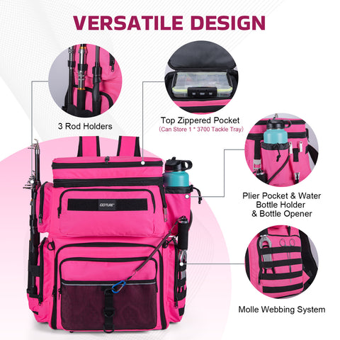 Goture Pink Fishing Rod and Reel Combos with 77L Cooler Backpack,6FT-9FT | Telescopic Fishing Pole, Spinning Reel,4 3600 Trays,Pliers,Full Kit for Freshwater Saltwater, Tackle Backpack & 3 Rod Holders