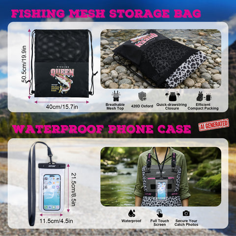 Goture 5-Layer Leopard Breathable Chest Womens Waders & Tool Kit XS-XXL | 4mm Neoprene Stocking Foot Waders with Handwarmer, Adjustable Belt, Waterproof Phone Pouch, Multi-Pocket Women's Wader