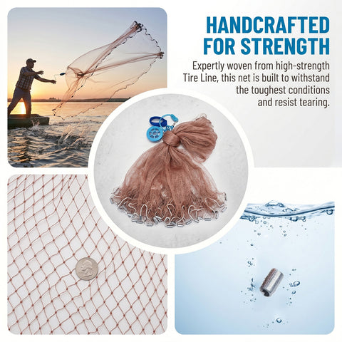 Goture 1pc Cast Net, Round Hand Throw Fishing Net, Professional Monofilament Throw Net with Heavy-Duty Sinkers, Easy-Cast Spin Net, Heavy-Duty Bait Fishing Net, Universal for Freshwater and Saltwater