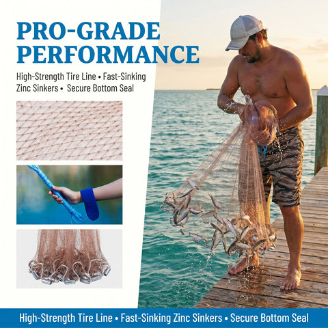 Goture 1pc Cast Net, Round Hand Throw Fishing Net, Professional Monofilament Throw Net with Heavy-Duty Sinkers, Easy-Cast Spin Net, Heavy-Duty Bait Fishing Net, Universal for Freshwater and Saltwater