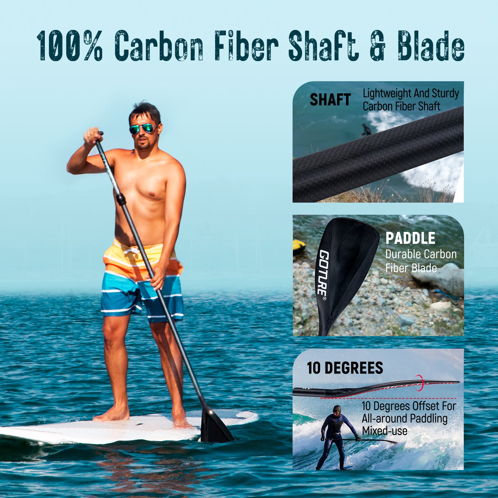 Goture Carbon Fiber Paddles Lightweight, SUP Paddles, Adjustable Carbon Shaft 3-Piece, 67’’ - 85’' Stand-up Paddle Oars for Paddleboards with Carrying Bag