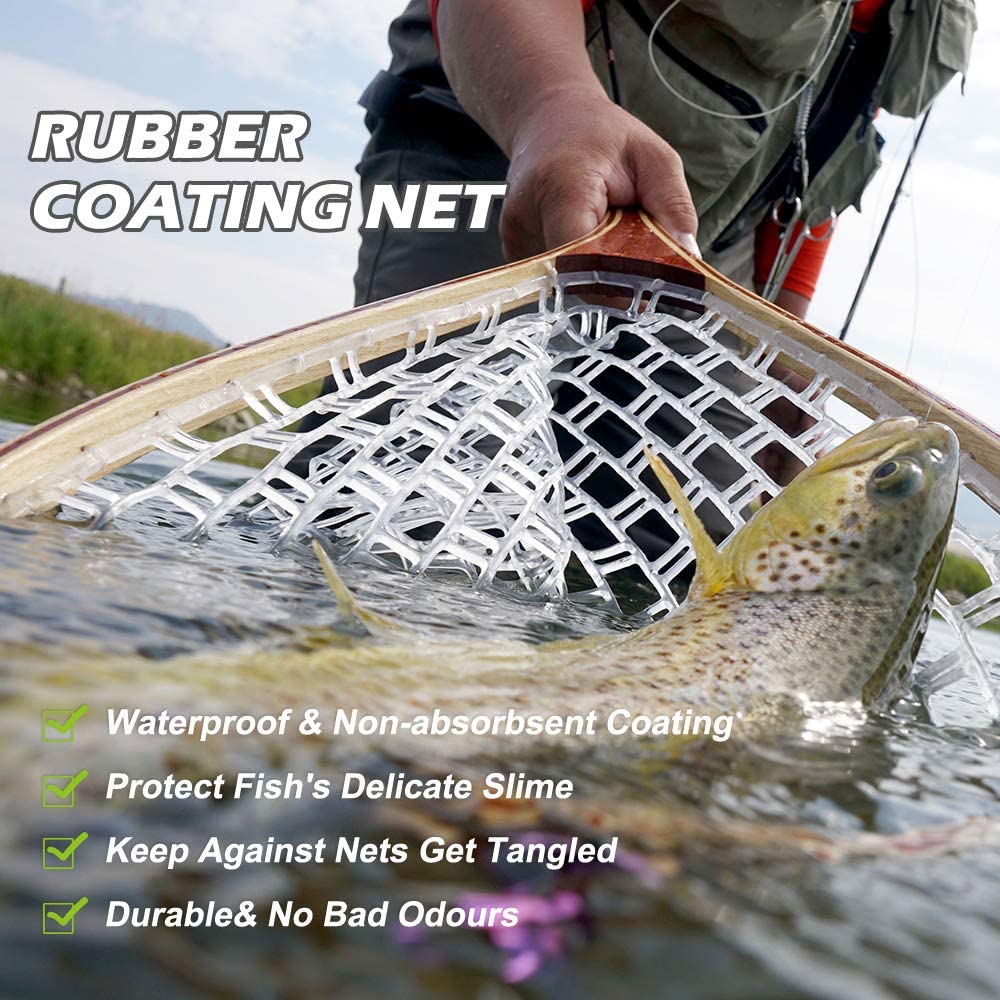 FL08 Fly Fishing Landing Net Trout Wooden Frame Soft Rubber Net