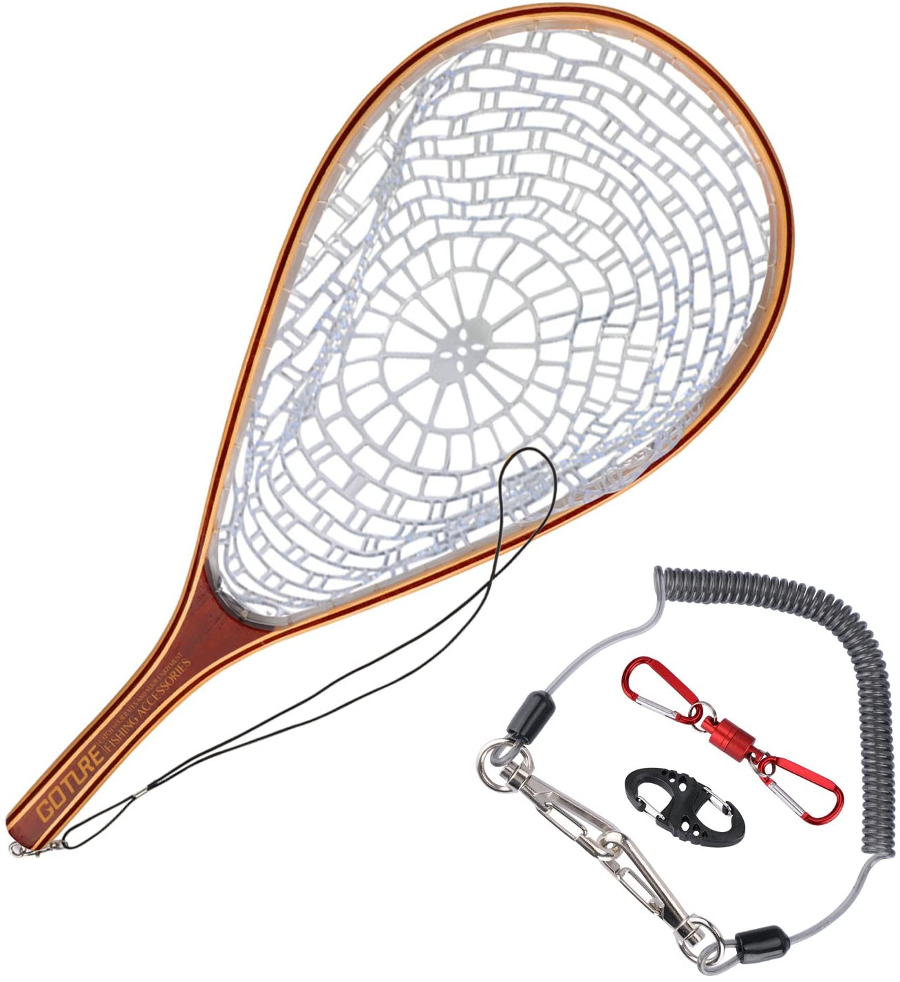 Goture Soft Rubber Mesh Wooden Frame Fly Fishing Landing Trout Net Success  - Clear Net with Red Magnetic Buckles /Tear Drop
