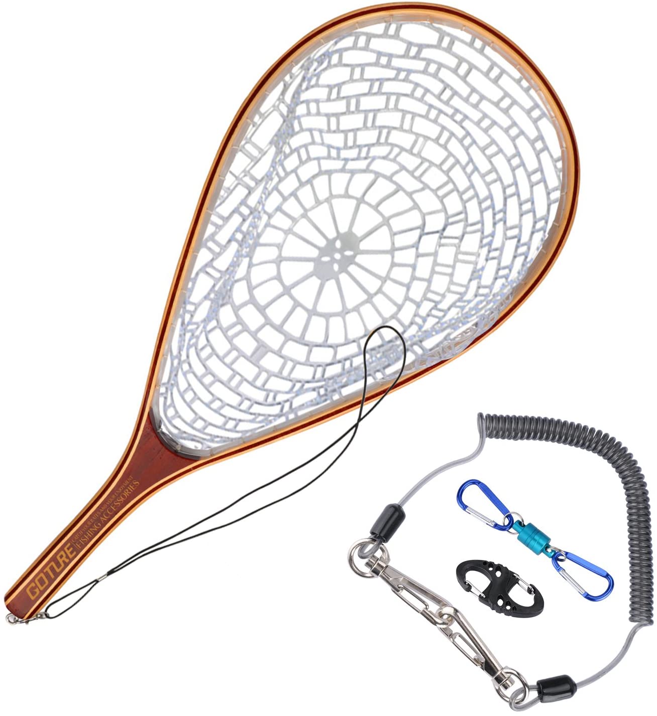 Goture Soft Rubber Mesh Wooden Frame Fly Fishing Landing Trout Net Success  - Clear Net with Blue Magnetic Buckles /Tear Drop