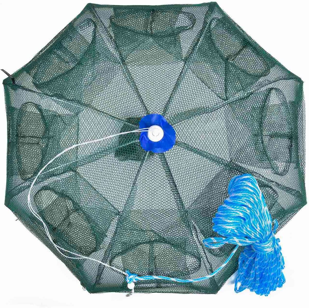 Goture Collapsible Folded Crab Trap Fishing Net Minnow Fish Crayfish  Crawdad Shrimp Bait Trap - Automatic 8 Sides 16 Holes with 100ft Rope
